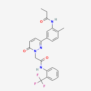 molecular formula C23H21F3N4O3 B5090133 N-{2-methyl-5-[6-oxo-1-(2-oxo-2-{[2-(trifluoromethyl)phenyl]amino}ethyl)-1,6-dihydro-3-pyridazinyl]phenyl}propanamide 