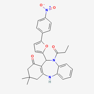 molecular formula C28H27N3O5 B5090177 3,3-dimethyl-11-[5-(4-nitrophenyl)-2-furyl]-10-propionyl-2,3,4,5,10,11-hexahydro-1H-dibenzo[b,e][1,4]diazepin-1-one 