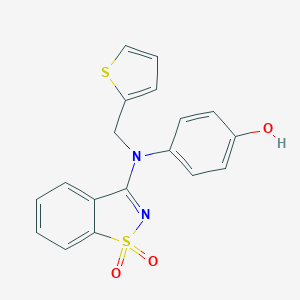 molecular formula C18H14N2O3S2 B509068 4-[(1,1-Dioxido-1,2-benzisothiazol-3-yl)(2-thienylmethyl)amino]phenol CAS No. 443319-38-8