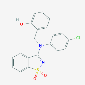 molecular formula C20H15ClN2O3S B509081 2-{[(4-Chlorophenyl)(1,1-dioxido-1,2-benzisothiazol-3-YL)amino]methyl}phenol CAS No. 591242-70-5