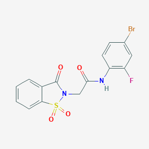 molecular formula C15H10BrFN2O4S B509096 N-(4-bromo-2-fluorophenyl)-2-(1,1-dioxido-3-oxo-1,2-benzisothiazol-2(3H)-yl)acetamide CAS No. 454237-08-2