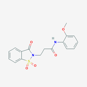 molecular formula C17H16N2O5S B509116 3-(1,1-dioxido-3-oxo-1,2-benzisothiazol-2(3H)-yl)-N-(2-methoxyphenyl)propanamide CAS No. 663168-41-0