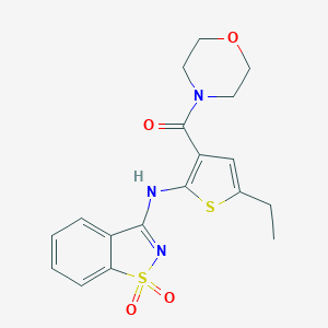 molecular formula C18H19N3O4S2 B509149 {2-[(1,1-Dioxido-1,2-benzothiazol-3-yl)amino]-5-ethylthiophen-3-yl}(morpholin-4-yl)methanone CAS No. 801227-87-2