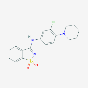 molecular formula C18H18ClN3O2S B509155 N-[3-chloro-4-(piperidin-1-yl)phenyl]-1,2-benzothiazol-3-amine 1,1-dioxide CAS No. 823830-84-8