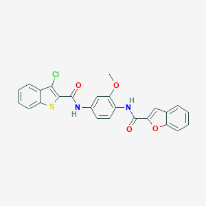 molecular formula C25H17ClN2O4S B509217 N-[4-[(3-chloro-1-benzothiophene-2-carbonyl)amino]-2-methoxyphenyl]-1-benzofuran-2-carboxamide CAS No. 443635-18-5