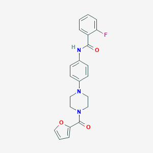 molecular formula C22H20FN3O3 B509314 2-fluoro-N-[4-[4-[2-furanyl(oxo)methyl]-1-piperazinyl]phenyl]benzamide CAS No. 674337-14-5