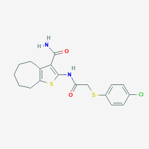 molecular formula C18H19ClN2O2S2 B509331 2-(2-((4-chlorophenyl)thio)acetamido)-5,6,7,8-tetrahydro-4H-cyclohepta[b]thiophene-3-carboxamide CAS No. 677331-15-6