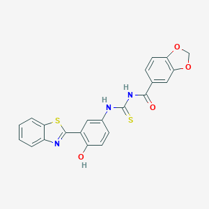 molecular formula C22H15N3O4S2 B509346 N-{[3-(1,3-benzothiazol-2-yl)-4-hydroxyphenyl]carbamothioyl}-1,3-benzodioxole-5-carboxamide 