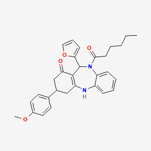 molecular formula C30H32N2O4 B5096921 11-(2-furyl)-10-hexanoyl-3-(4-methoxyphenyl)-2,3,4,5,10,11-hexahydro-1H-dibenzo[b,e][1,4]diazepin-1-one 