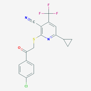 molecular formula C18H12ClF3N2OS B509894 2-{[2-(4-Chlorophenyl)-2-oxoethyl]sulfanyl}-6-cyclopropyl-4-(trifluoromethyl)nicotinonitrile CAS No. 625377-46-0