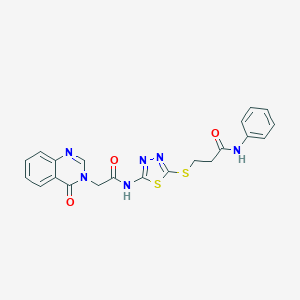 molecular formula C21H18N6O3S2 B509899 3-[(5-{[(4-oxo-3(4H)-quinazolinyl)acetyl]amino}-1,3,4-thiadiazol-2-yl)sulfanyl]-N-phenylpropanamide CAS No. 756487-34-0