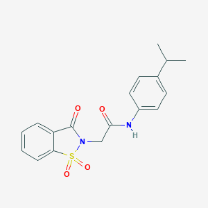 molecular formula C18H18N2O4S B509932 2-(1,1-dioxido-3-oxo-1,2-benzisothiazol-2(3H)-yl)-N-(4-isopropylphenyl)acetamide CAS No. 437624-14-1