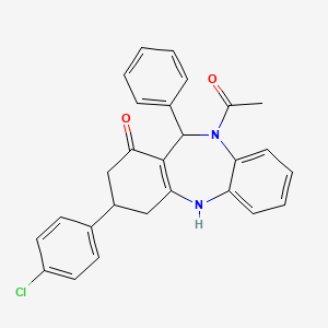 molecular formula C27H23ClN2O2 B5100249 10-acetyl-3-(4-chlorophenyl)-11-phenyl-2,3,4,5,10,11-hexahydro-1H-dibenzo[b,e][1,4]diazepin-1-one 