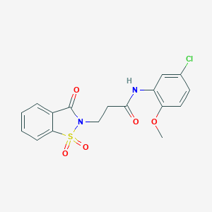 molecular formula C17H15ClN2O5S B510149 N-(5-chloro-2-methoxyphenyl)-3-(1,1-dioxido-3-oxo-1,2-benzisothiazol-2(3H)-yl)propanamide CAS No. 663167-86-0
