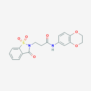 molecular formula C18H16N2O6S B510151 N-(2,3-dihydro-1,4-benzodioxin-6-yl)-3-(1,1-dioxido-3-oxo-1,2-benzisothiazol-2(3H)-yl)propanamide CAS No. 662155-33-1
