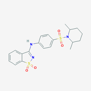 molecular formula C20H23N3O4S2 B510193 N-{4-[(2,6-dimethylpiperidin-1-yl)sulfonyl]phenyl}-1,2-benzothiazol-3-amine 1,1-dioxide CAS No. 847587-42-2