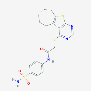 molecular formula C19H20N4O3S3 B510808 N-(4-sulfamoylphenyl)-2-((6,7,8,9-tetrahydro-5H-cyclohepta[4,5]thieno[2,3-d]pyrimidin-4-yl)thio)acetamide CAS No. 690642-53-6