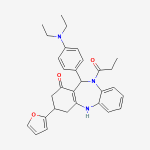molecular formula C30H33N3O3 B5111643 11-[4-(diethylamino)phenyl]-3-(2-furyl)-10-propionyl-2,3,4,5,10,11-hexahydro-1H-dibenzo[b,e][1,4]diazepin-1-one 
