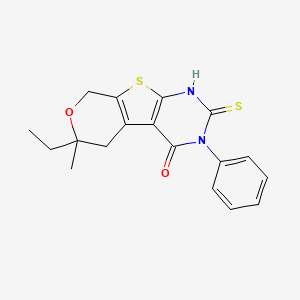 molecular formula C18H18N2O2S2 B5113697 6-ethyl-2-mercapto-6-methyl-3-phenyl-3,5,6,8-tetrahydro-4H-pyrano[4',3':4,5]thieno[2,3-d]pyrimidin-4-one 