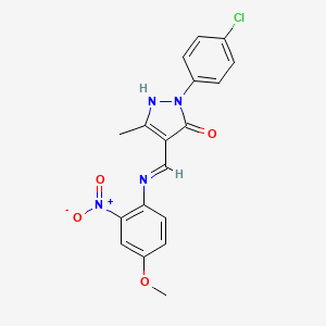 molecular formula C18H15ClN4O4 B5116644 2-(4-chlorophenyl)-4-{[(4-methoxy-2-nitrophenyl)amino]methylene}-5-methyl-2,4-dihydro-3H-pyrazol-3-one 