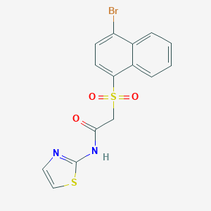 molecular formula C15H11BrN2O3S2 B511929 2-[(4-bromonaphthalen-1-yl)sulfonyl]-N-(1,3-thiazol-2-yl)acetamide CAS No. 1040691-18-6
