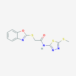 molecular formula C12H10N4O2S3 B511985 2-(1,3-benzoxazol-2-ylsulfanyl)-N-[5-(methylsulfanyl)-1,3,4-thiadiazol-2-yl]acetamide CAS No. 919622-48-3