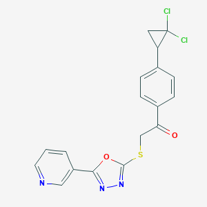 molecular formula C18H13Cl2N3O2S B511989 1-[4-(2,2-Dichlorocyclopropyl)phenyl]-2-{[5-(pyridin-3-yl)-1,3,4-oxadiazol-2-yl]sulfanyl}ethanone CAS No. 948230-79-3