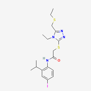 molecular formula C18H25IN4OS2 B5122274 2-({4-ethyl-5-[(ethylthio)methyl]-4H-1,2,4-triazol-3-yl}thio)-N-(4-iodo-2-isopropylphenyl)acetamide 