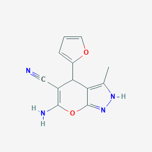 molecular formula C12H10N4O2 B512344 6-氨基-4-(呋喃-2-基)-3-甲基-1,4-二氢吡喃并[2,3-c]吡唑-5-腈 CAS No. 85459-97-8