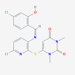 molecular formula C18H14Cl2N4O3S B512353 6-({6-chloro-3-[(4-chloro-2-hydroxybenzylidene)amino]-2-pyridinyl}sulfanyl)-1,3-dimethyl-2,4(1H,3H)-pyrimidinedione CAS No. 352225-61-7
