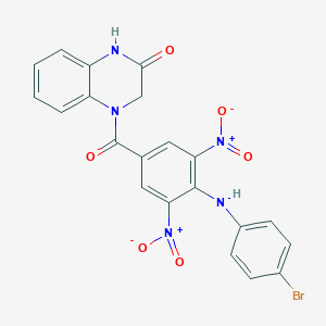 molecular formula C21H14BrN5O6 B512382 4-(4-((4-bromophenyl)amino)-3,5-dinitrobenzoyl)-3,4-dihydroquinoxalin-2(1H)-one CAS No. 330973-29-0