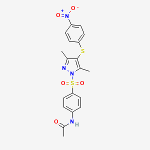 molecular formula C19H18N4O5S2 B5126346 N-[4-({3,5-dimethyl-4-[(4-nitrophenyl)thio]-1H-pyrazol-1-yl}sulfonyl)phenyl]acetamide 