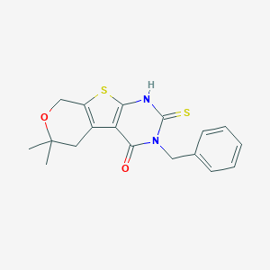 molecular formula C18H18N2O2S2 B512722 3-benzyl-6,6-dimethyl-2-sulfanyl-3,5,6,8-tetrahydro-4H-pyrano[4',3':4,5]thieno[2,3-d]pyrimidin-4-one CAS No. 332145-23-0