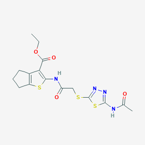 molecular formula C16H18N4O4S3 B5129273 ethyl 2-[({[5-(acetylamino)-1,3,4-thiadiazol-2-yl]thio}acetyl)amino]-5,6-dihydro-4H-cyclopenta[b]thiophene-3-carboxylate 