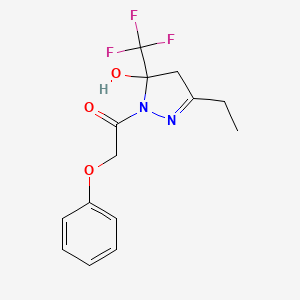 molecular formula C14H15F3N2O3 B5129507 3-ethyl-1-(phenoxyacetyl)-5-(trifluoromethyl)-4,5-dihydro-1H-pyrazol-5-ol 