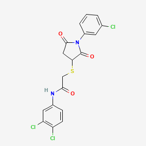molecular formula C18H13Cl3N2O3S B5131630 2-{[1-(3-chlorophenyl)-2,5-dioxo-3-pyrrolidinyl]thio}-N-(3,4-dichlorophenyl)acetamide 