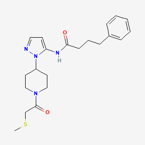 molecular formula C21H28N4O2S B5134935 N-(1-{1-[(methylthio)acetyl]-4-piperidinyl}-1H-pyrazol-5-yl)-4-phenylbutanamide 