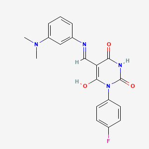 molecular formula C19H17FN4O3 B5136244 5-({[3-(dimethylamino)phenyl]amino}methylene)-1-(4-fluorophenyl)-2,4,6(1H,3H,5H)-pyrimidinetrione 