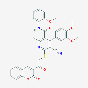 5-cyano-4-(3,4-dimethoxyphenyl)-N-(2-methoxyphenyl)-2-methyl-6-{[2-oxo-2-(2-oxo-2H-chromen-3-yl)ethyl]thio}nicotinamide