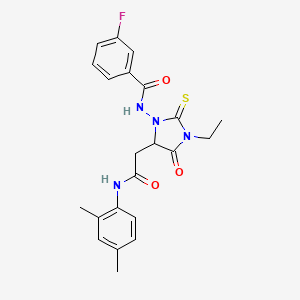 molecular formula C22H23FN4O3S B5139278 N-(5-{2-[(2,4-dimethylphenyl)amino]-2-oxoethyl}-3-ethyl-4-oxo-2-thioxo-1-imidazolidinyl)-3-fluorobenzamide 