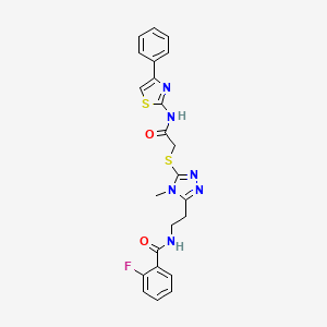 molecular formula C23H21FN6O2S2 B5140006 2-fluoro-N-{2-[4-methyl-5-({2-oxo-2-[(4-phenyl-1,3-thiazol-2-yl)amino]ethyl}thio)-4H-1,2,4-triazol-3-yl]ethyl}benzamide 