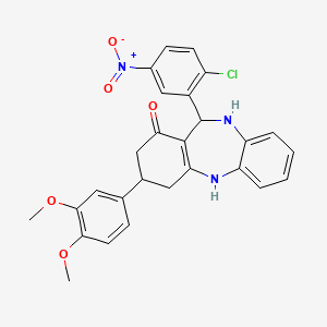 molecular formula C27H24ClN3O5 B5143213 11-(2-chloro-5-nitrophenyl)-3-(3,4-dimethoxyphenyl)-2,3,4,5,10,11-hexahydro-1H-dibenzo[b,e][1,4]diazepin-1-one 