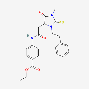 molecular formula C23H25N3O4S B5145737 ethyl 4-({[1-methyl-5-oxo-3-(2-phenylethyl)-2-thioxo-4-imidazolidinyl]acetyl}amino)benzoate 