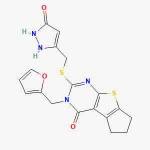 molecular formula C18H16N4O3S2 B5145789 3-(2-furylmethyl)-2-{[(5-hydroxy-1H-pyrazol-3-yl)methyl]thio}-3,5,6,7-tetrahydro-4H-cyclopenta[4,5]thieno[2,3-d]pyrimidin-4-one 