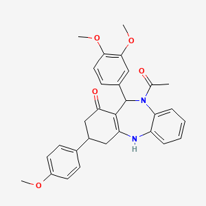 molecular formula C30H30N2O5 B5146512 10-acetyl-11-(3,4-dimethoxyphenyl)-3-(4-methoxyphenyl)-2,3,4,5,10,11-hexahydro-1H-dibenzo[b,e][1,4]diazepin-1-one 