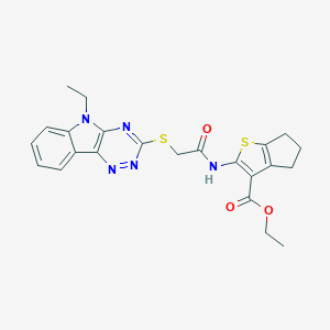 molecular formula C23H23N5O3S2 B514727 ethyl 2-({[(5-ethyl-5H-[1,2,4]triazino[5,6-b]indol-3-yl)sulfanyl]acetyl}amino)-5,6-dihydro-4H-cyclopenta[b]thiophene-3-carboxylate 