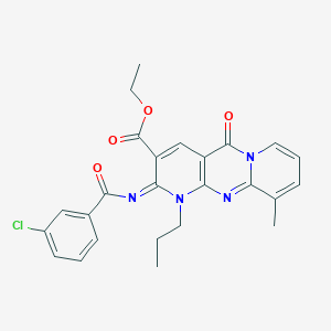 molecular formula C25H23ClN4O4 B514802 Ethyl 6-(3-chlorobenzoyl)imino-11-methyl-2-oxo-7-propyl-1,7,9-triazatricyclo[8.4.0.03,8]tetradeca-3(8),4,9,11,13-pentaene-5-carboxylate CAS No. 844836-24-4