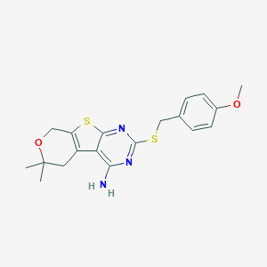 molecular formula C19H21N3O2S2 B514826 2-[(4-methoxybenzyl)sulfanyl]-6,6-dimethyl-5,8-dihydro-6H-pyrano[4',3':4,5]thieno[2,3-d]pyrimidin-4-amine CAS No. 303967-14-8