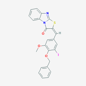 molecular formula C24H17IN2O3S B515249 (2E)-2-[4-(benzyloxy)-3-iodo-5-methoxybenzylidene][1,3]thiazolo[3,2-a]benzimidazol-3(2H)-one 