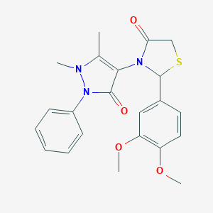 molecular formula C22H23N3O4S B515252 2-(3,4-dimethoxyphenyl)-3-(1,5-dimethyl-3-oxo-2-phenyl-2,3-dihydro-1H-pyrazol-4-yl)-1,3-thiazolidin-4-one CAS No. 302549-04-8